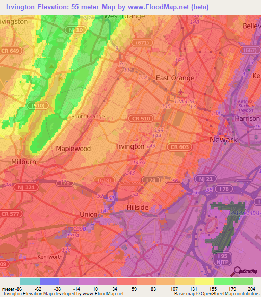 Irvington,US Elevation Map