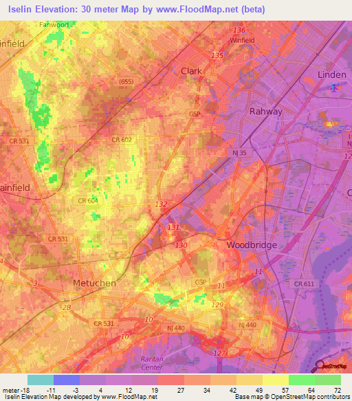 Iselin,US Elevation Map