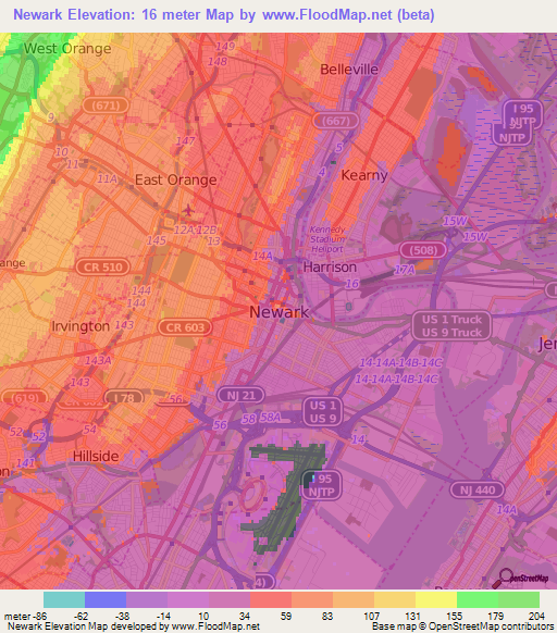 Newark,US Elevation Map