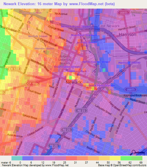 Newark,US Elevation Map