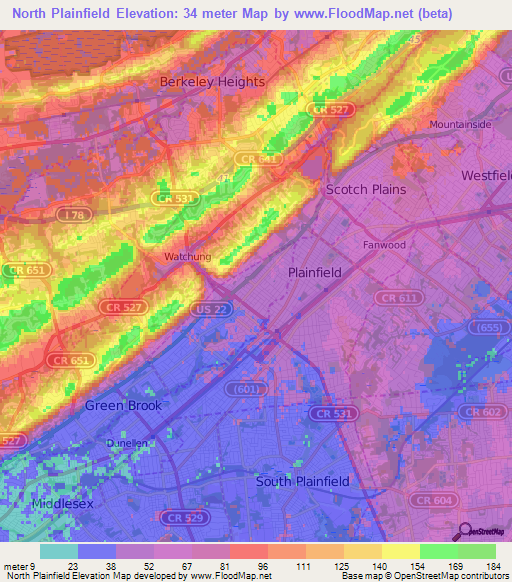 North Plainfield,US Elevation Map