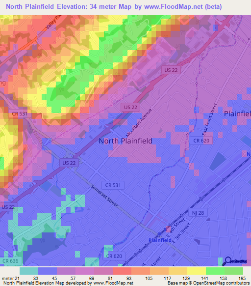 North Plainfield,US Elevation Map