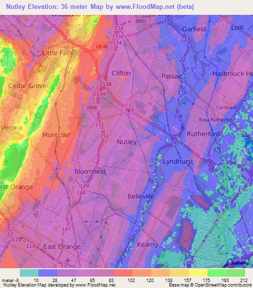 Nutley,US Elevation Map