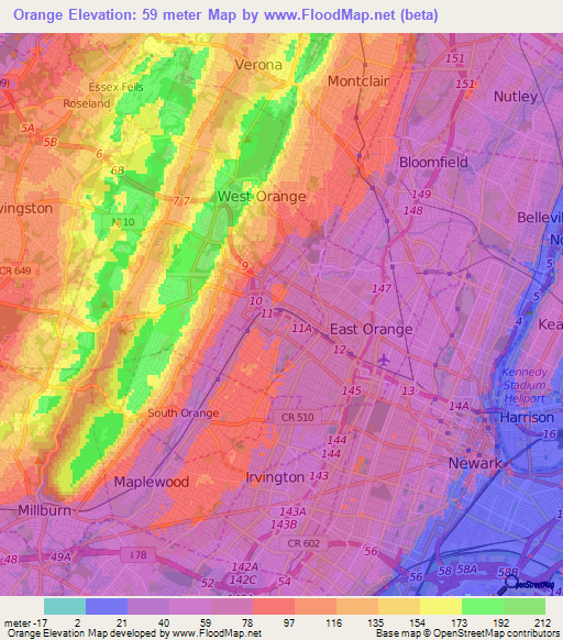 Orange,US Elevation Map