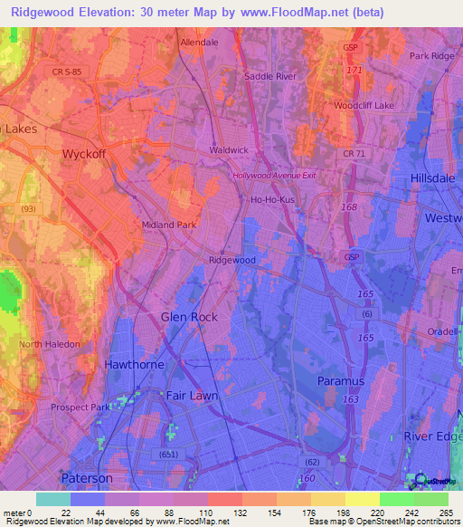 Ridgewood,US Elevation Map