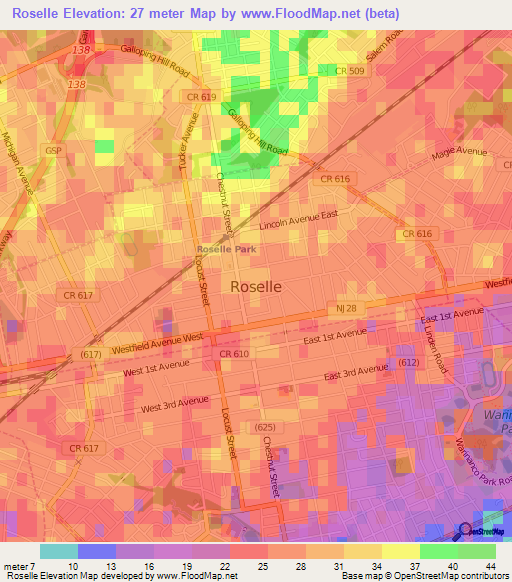 Roselle,US Elevation Map