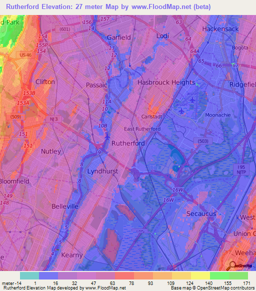 Rutherford,US Elevation Map