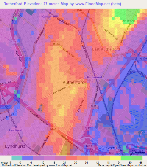 Rutherford,US Elevation Map