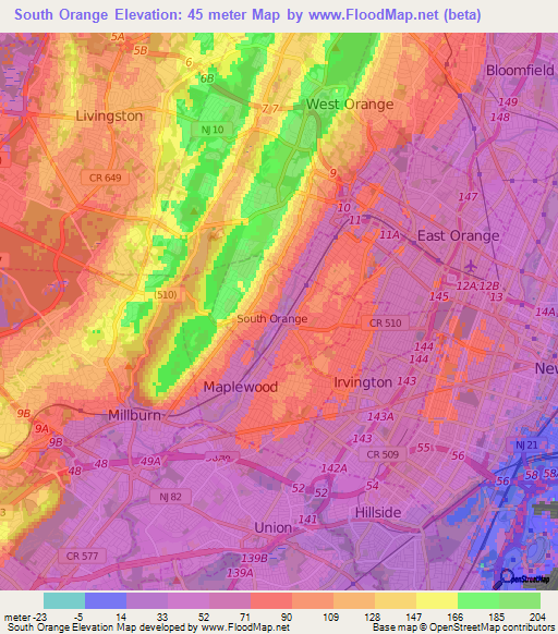 South Orange,US Elevation Map