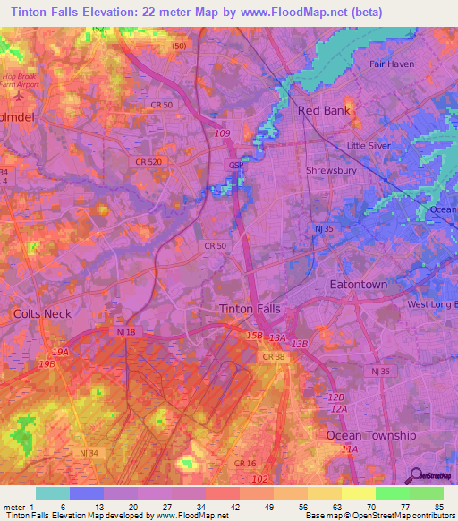 Tinton Falls,US Elevation Map