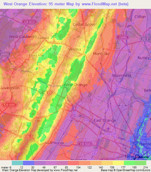 West Orange,US Elevation Map