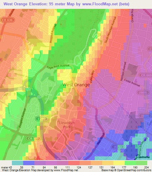 West Orange,US Elevation Map