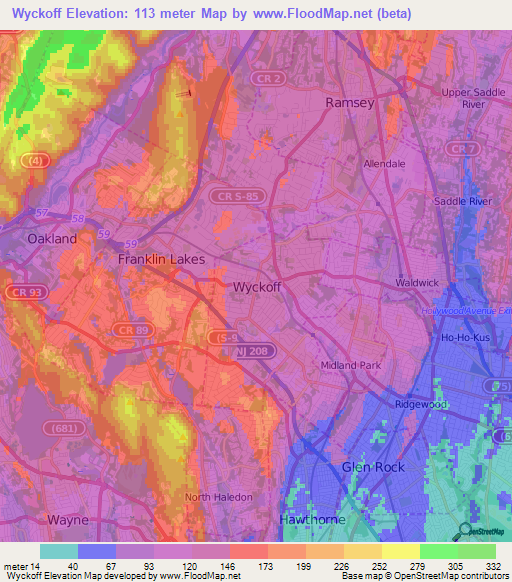 Wyckoff,US Elevation Map