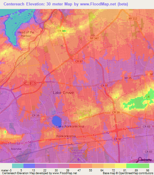 Centereach,US Elevation Map