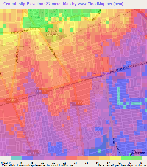 Central Islip,US Elevation Map