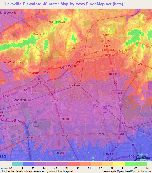 Hicksville,US Elevation Map