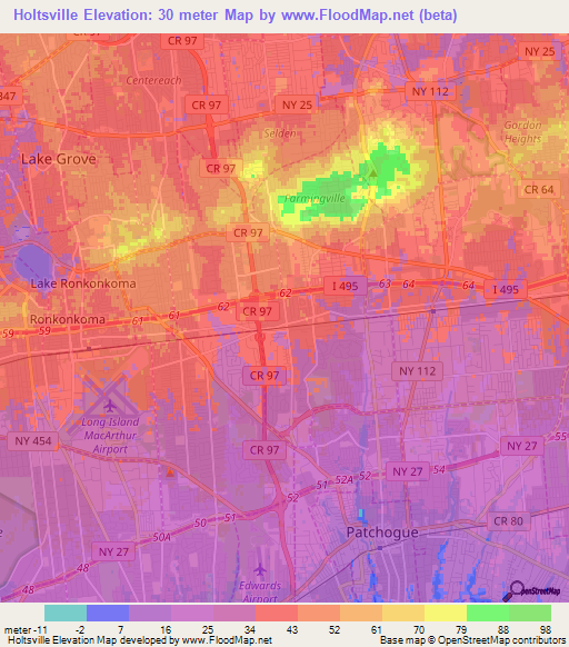 Holtsville,US Elevation Map