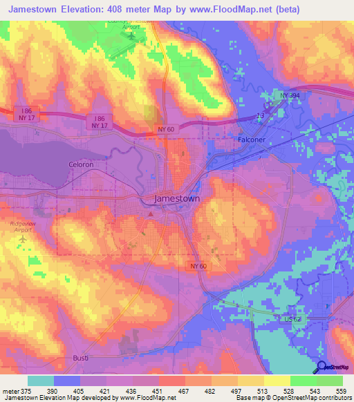 Jamestown,US Elevation Map