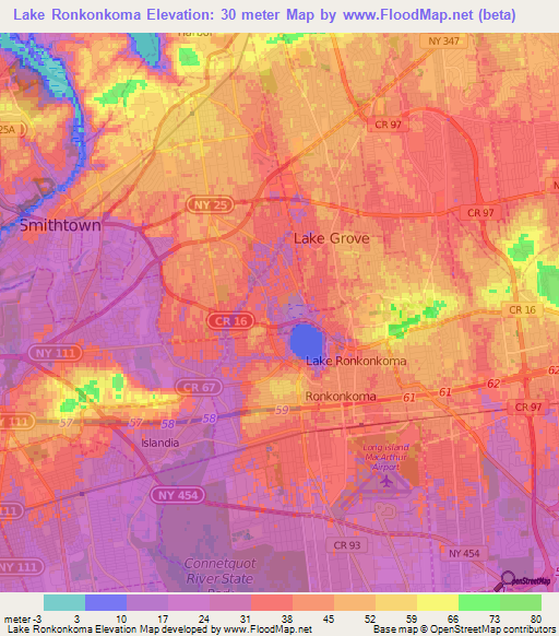 Lake Ronkonkoma,US Elevation Map