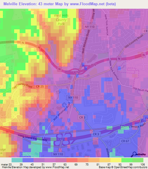 Melville,US Elevation Map