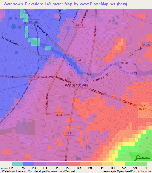 Watertown,US Elevation Map