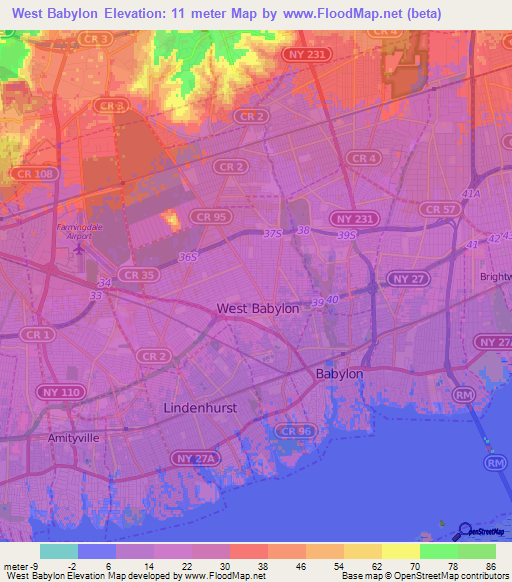 West Babylon,US Elevation Map