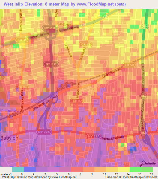 West Islip,US Elevation Map