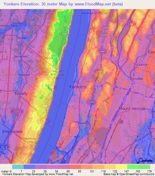 Yonkers,US Elevation Map