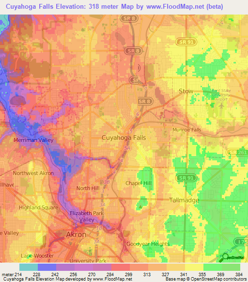 Cuyahoga Falls,US Elevation Map