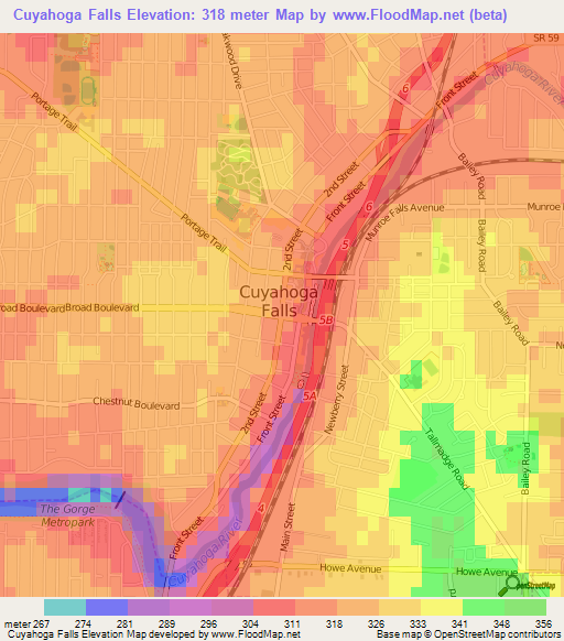 Cuyahoga Falls,US Elevation Map