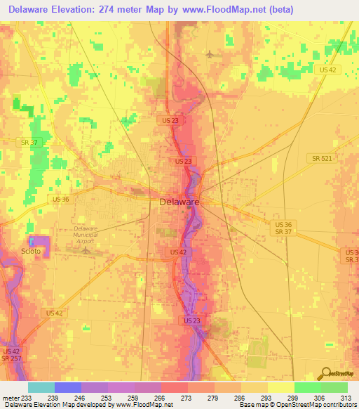 Delaware,US Elevation Map