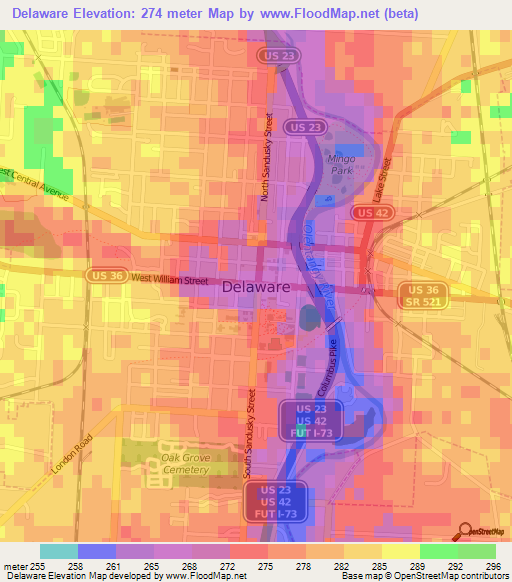 Delaware,US Elevation Map