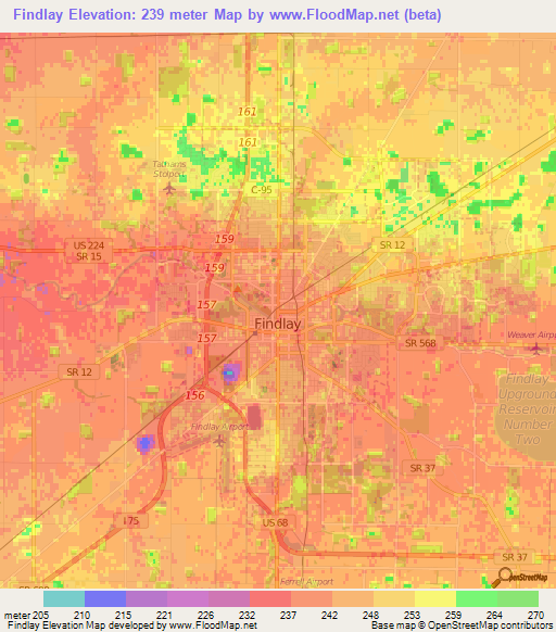 Findlay,US Elevation Map