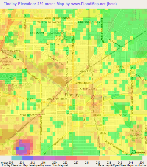 Findlay,US Elevation Map