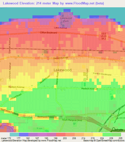 Lakewood,US Elevation Map