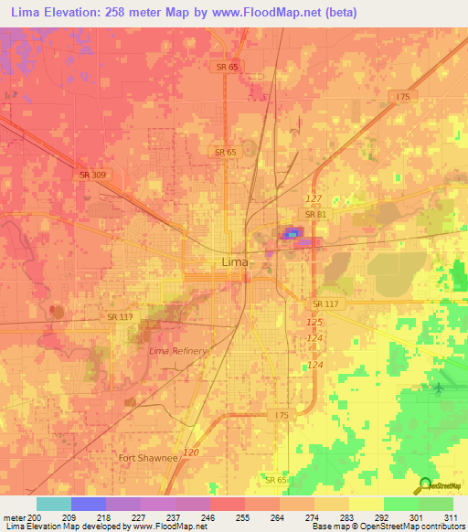 Lima,US Elevation Map