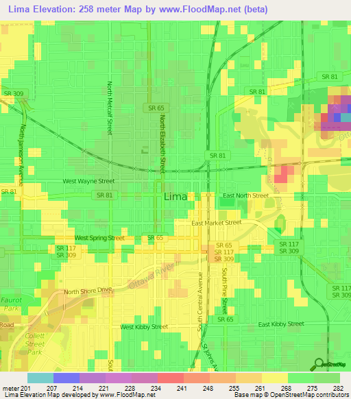 Lima,US Elevation Map