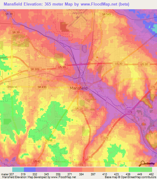 Mansfield,US Elevation Map