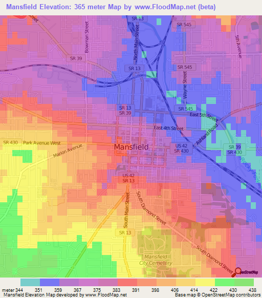 Mansfield,US Elevation Map