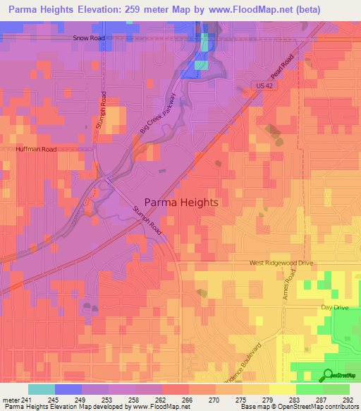 Parma Heights,US Elevation Map