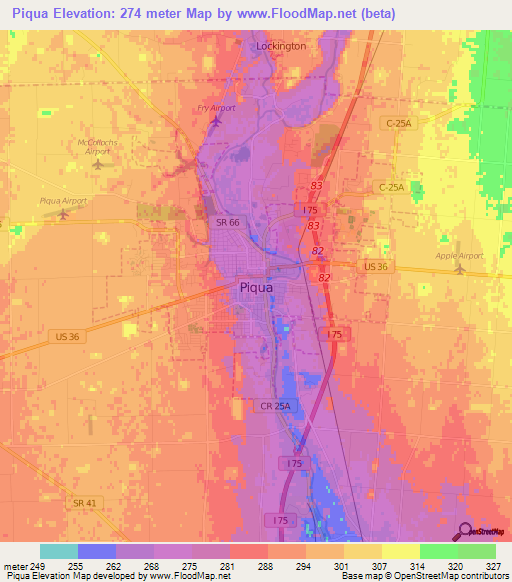 Piqua,US Elevation Map