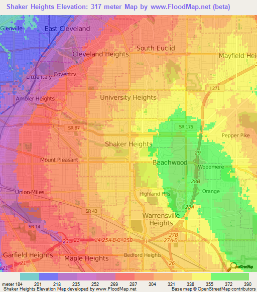 Shaker Heights,US Elevation Map