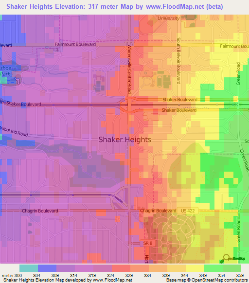 Shaker Heights,US Elevation Map