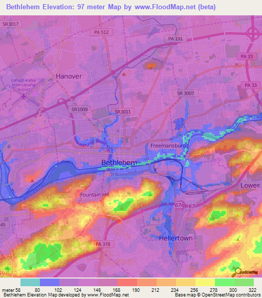 Bethlehem,US Elevation Map