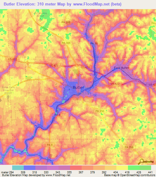 Butler,US Elevation Map