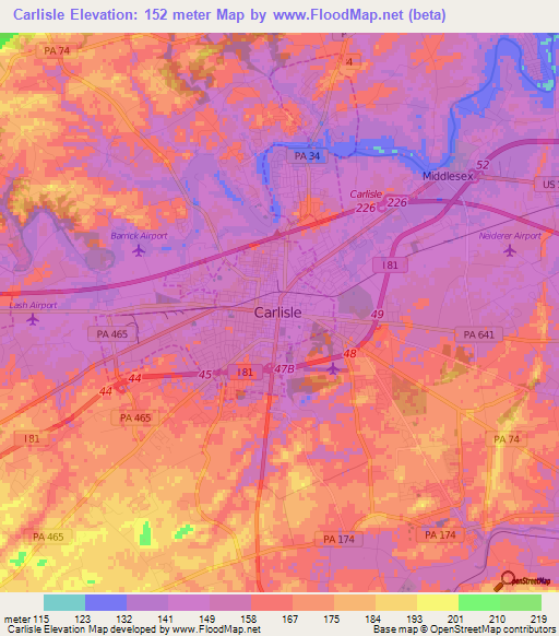 Carlisle,US Elevation Map