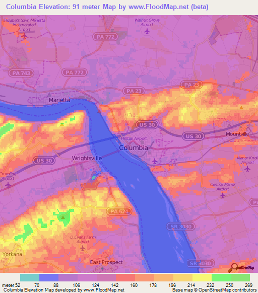 Columbia,US Elevation Map