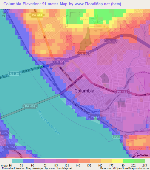 Columbia,US Elevation Map