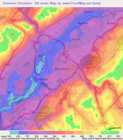 Dunmore,US Elevation Map