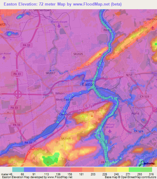 Easton,US Elevation Map